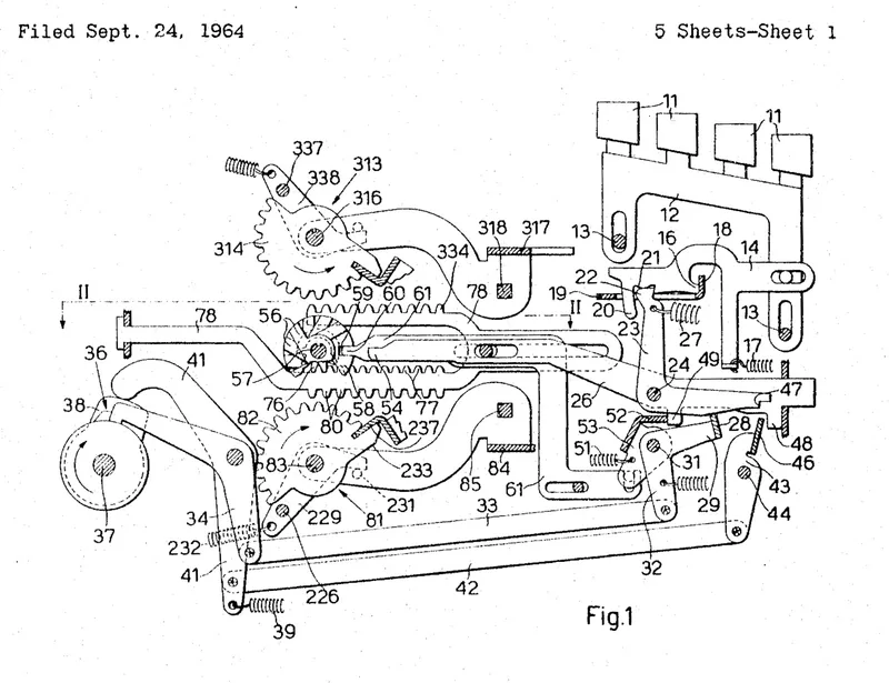 Patent drawing of a mechanical calculator