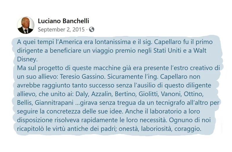 Facebook post by Luciano Banchelli, 2 September 2015, with his memories of Teresio and Olivetti