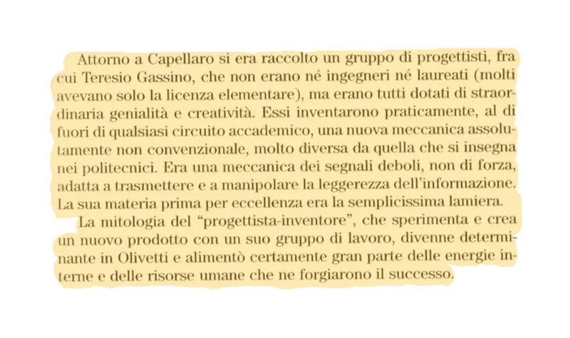 Page from Elserino Piol’s book, with the passage on the designer-inventors around Capellaro