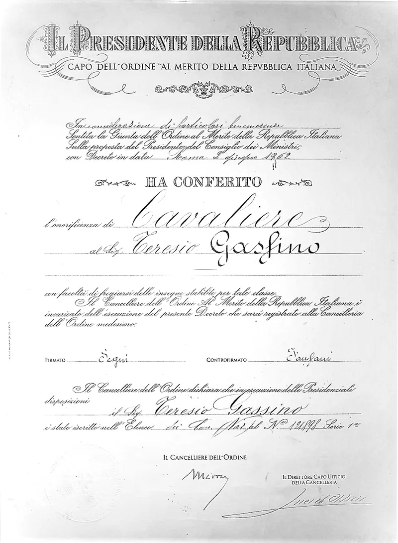Diploma of the Cavaliere honour